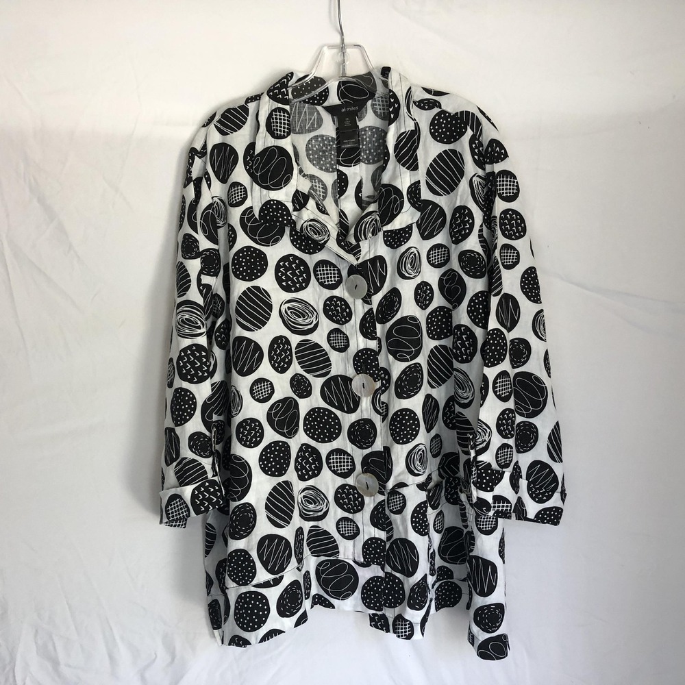 Ali Miles Shirt Womens 2X White Black Linen Geometric Button Front Tunic Top